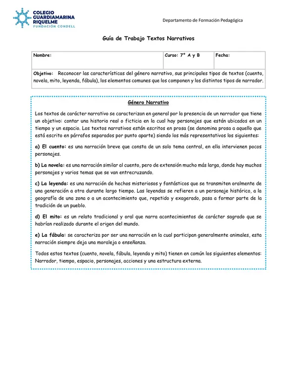 Guía de Trabajo Textos Narrativos