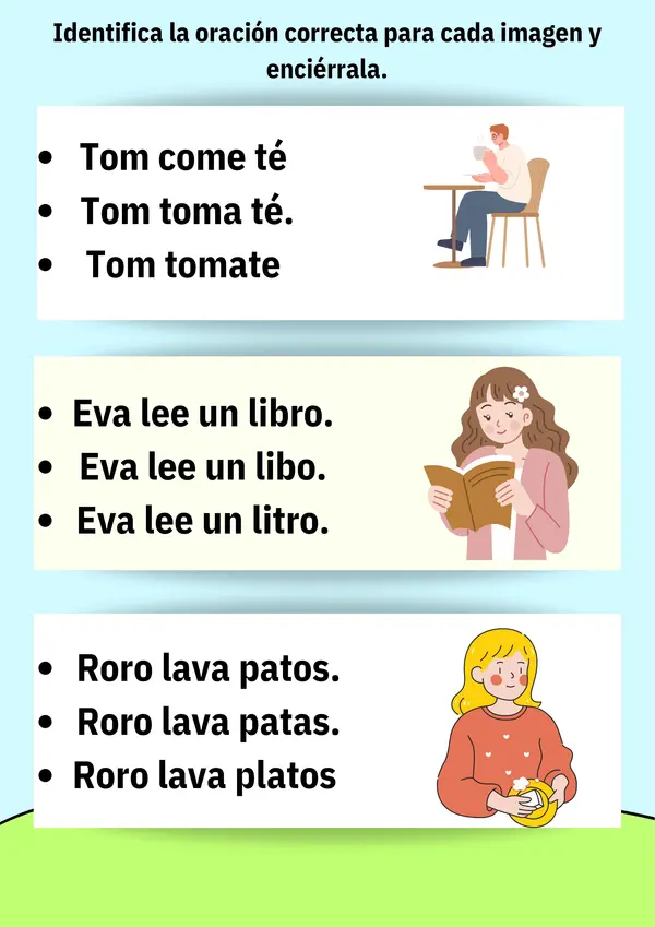 Lectura e identificación de oraciones para niños de primero y segundo básico