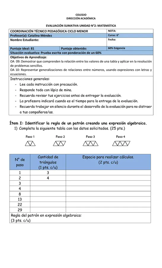 Evaluación de matemáticas 6°B