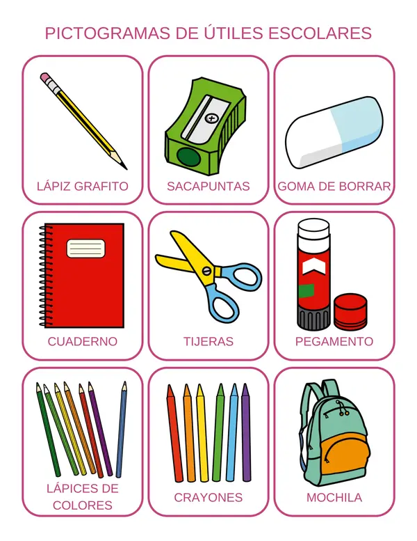 Pictogramas de útiles escolares – Apoyo visual para el aula