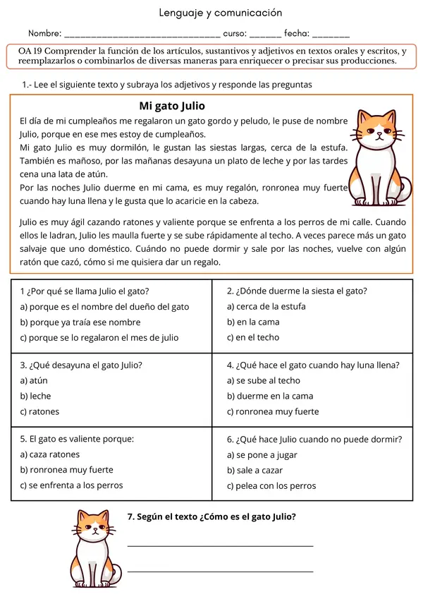  Ficha de Lenguaje: Adjetivos Calificativos - Mis Mascotas | 2° - 4° Básico