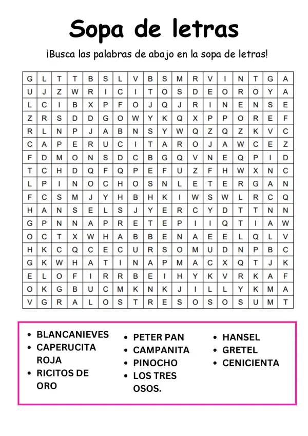 Sopa de letras con personajes literarios
