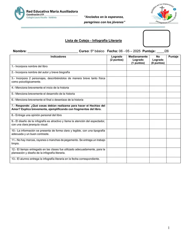 Lista de Cotejo Infografía Literaria 5° Básico
