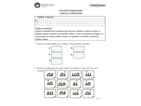 Evaluación lenguaje 1 básico vocales 