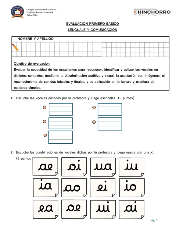 Evaluación lenguaje 1 básico vocales 