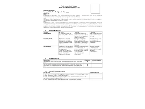 Pauta de evaluación texto informativo 5to básico 