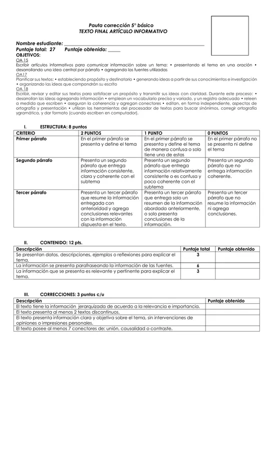 Pauta de evaluación texto informativo 5to básico 