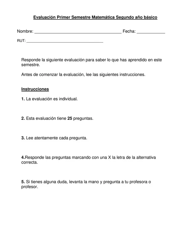 Evaluación Primer semestre matemática, 2do año. 