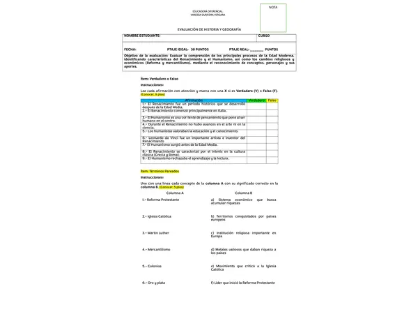 Evaluación Historia "Edad Moderna"
