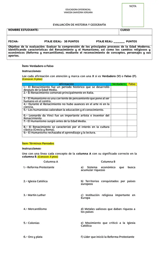 Evaluación Historia "Edad Moderna"