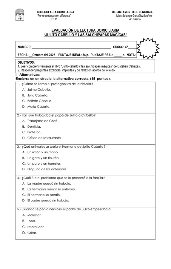 Evaluacion de lectura JULITO CABELLO Y LAS SALCHIPAPAS MAGICAS