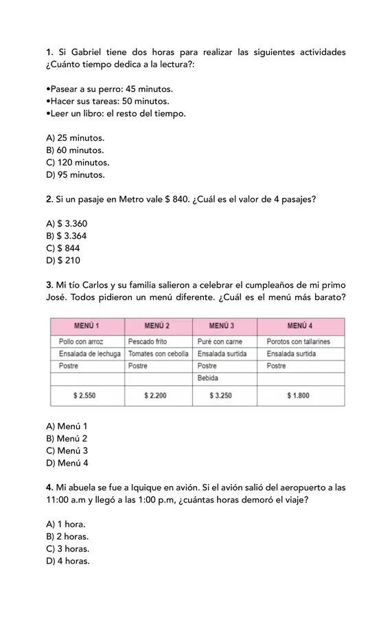 1° Ensayo SIMCE Matemáticas Cuarto Básico