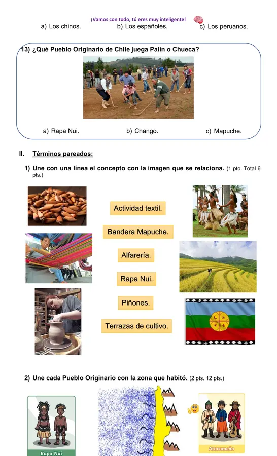 Prueba Pueblos Originarios de Chile, segundo básico. 