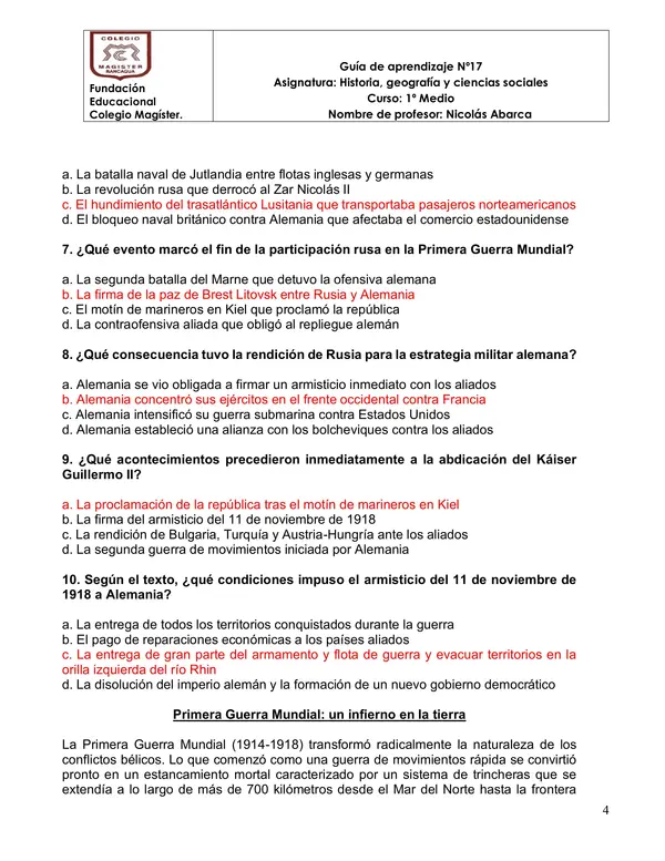 Guia de 1º Guerra Mundial: Desarrollo y consecuencias