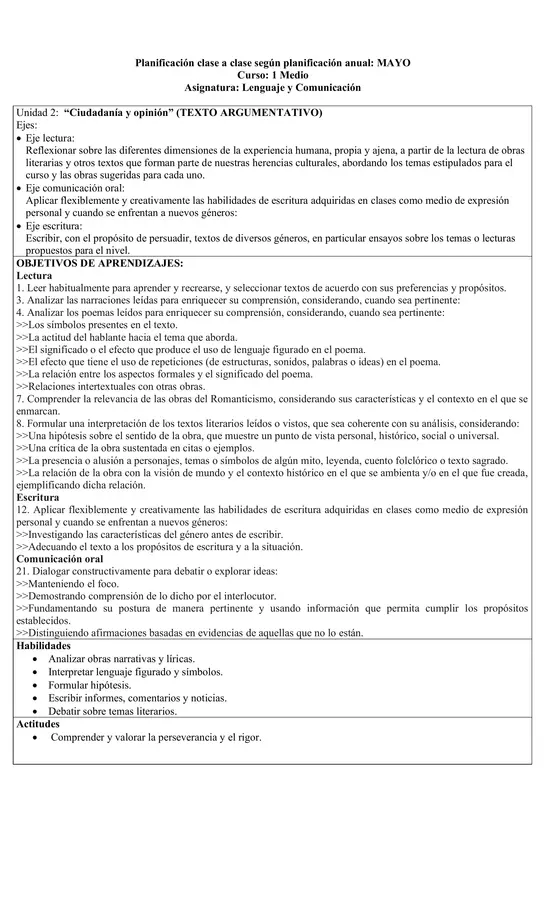 Planificación Clase a Clase Mayo - Lenguaje y Comunicación - 1° Medio