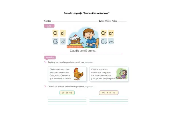 Actividad descargable: Grupos consonánticos CR, CL, DR, TR y TL – 2° Básico