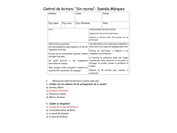 Control de lectura del libro "Sin recreo"