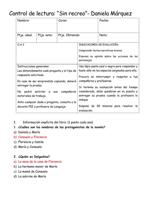 Control de lectura del libro "Sin recreo"