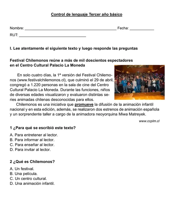 Control de lectura y comprensión  "La noticia" 3er año