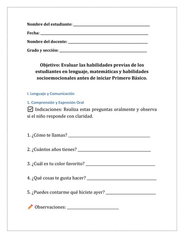 Evaluación Diagnóstica para Primero Básico 2025