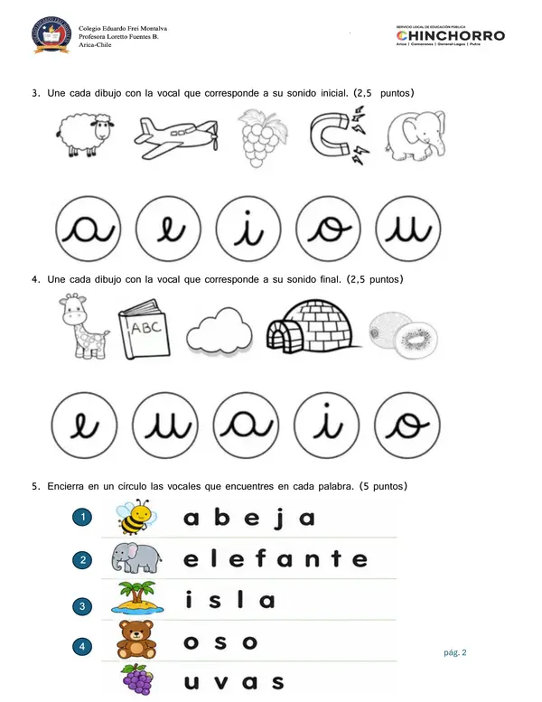 Evaluación lenguaje 1 básico vocales 