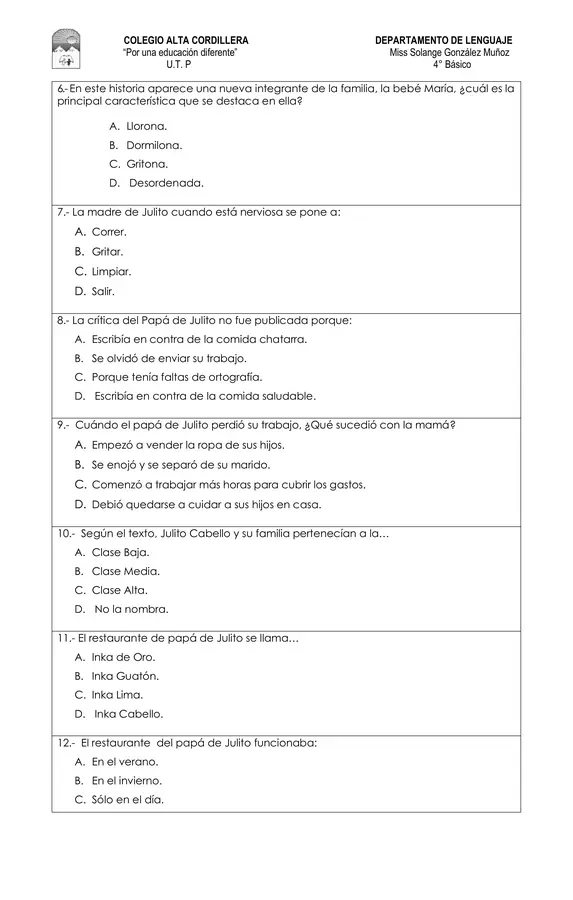 Evaluacion de lectura JULITO CABELLO Y LAS SALCHIPAPAS MAGICAS