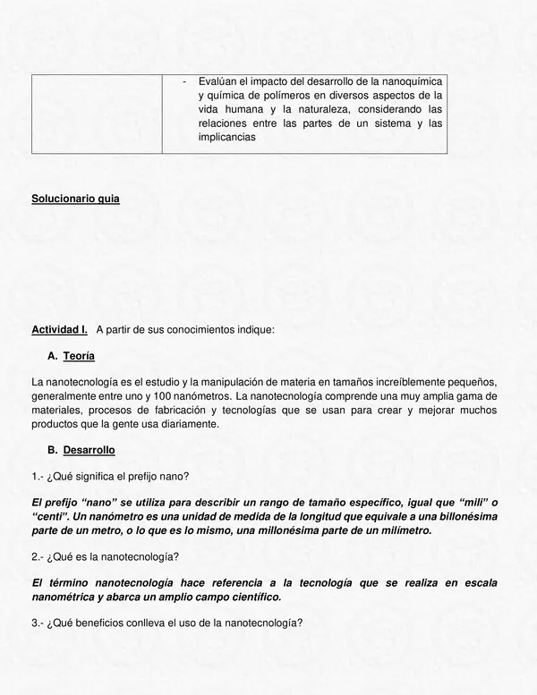 "Guía de Nanotecnología para tercero o cuarto Enseñanza Media con soluciones"Quimica