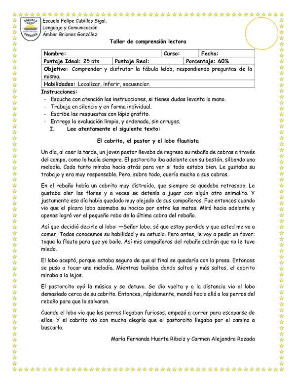 Taller comprensión lectora: "El cabrito, el pastor y el lobo flautista"