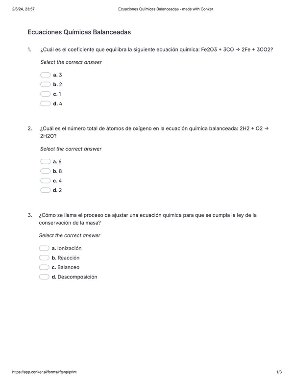 Ecuaciones químicas balanceadas (Selección múltiple)