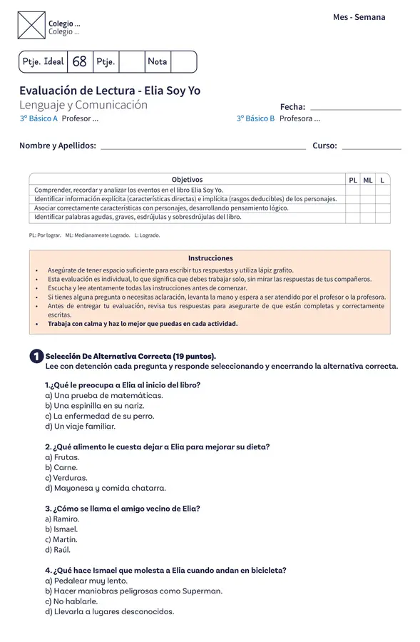 Evaluación de Lectura - Elia Soy Yo