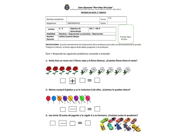 Evaluación de nivel primer semestre primero basico matemática