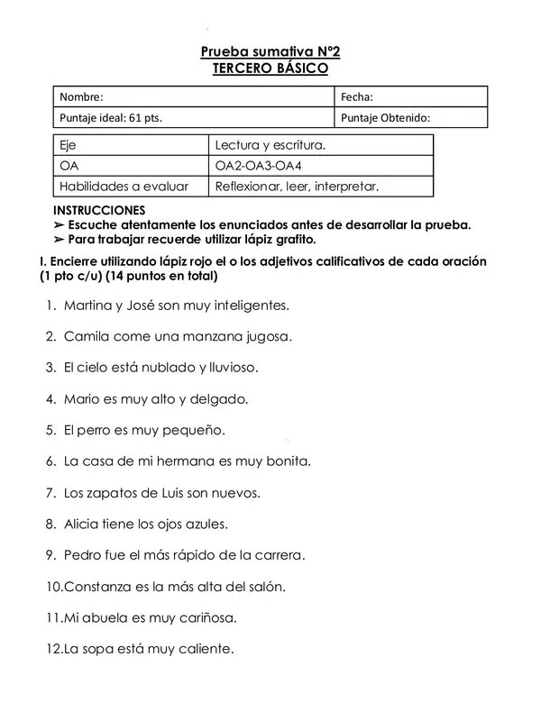 EVALUACIÓN ESCRITA LENGUAJE 3° BÁSICO