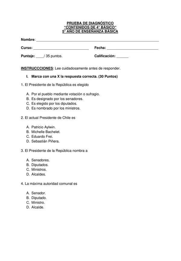  PRUEBA DIAGNOSTICO, HISTORIA, QUINTO BASICO CON SOLUCIONES