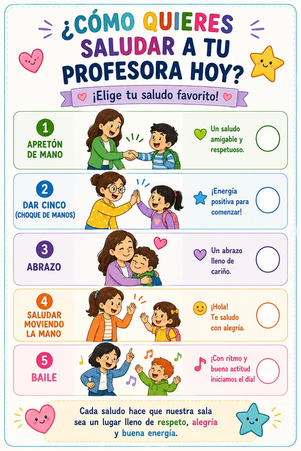 ¿Cómo quieres saludar a tu profesora hoy? | Cartel de Bienvenida Rutina 