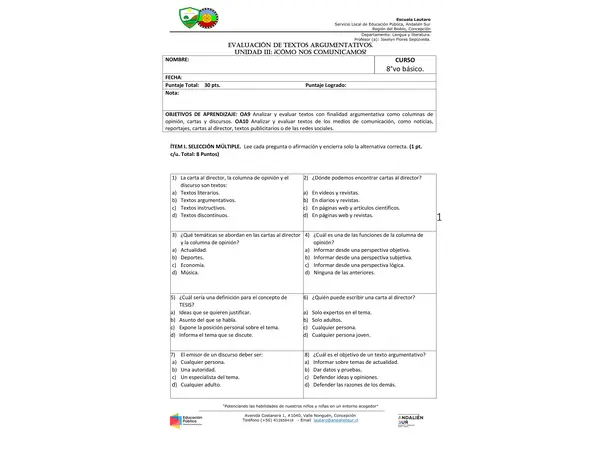 Evaluación Textos argumentativos 8vo básico.