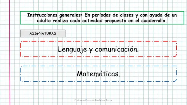 Cuadernillo de lenguaje y matemáticas nivel curricular primero básico. Uso de pictogramas.