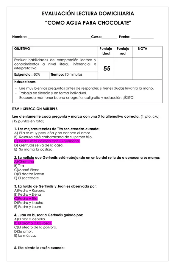 Prueba Lectura - Como agua para chocolate