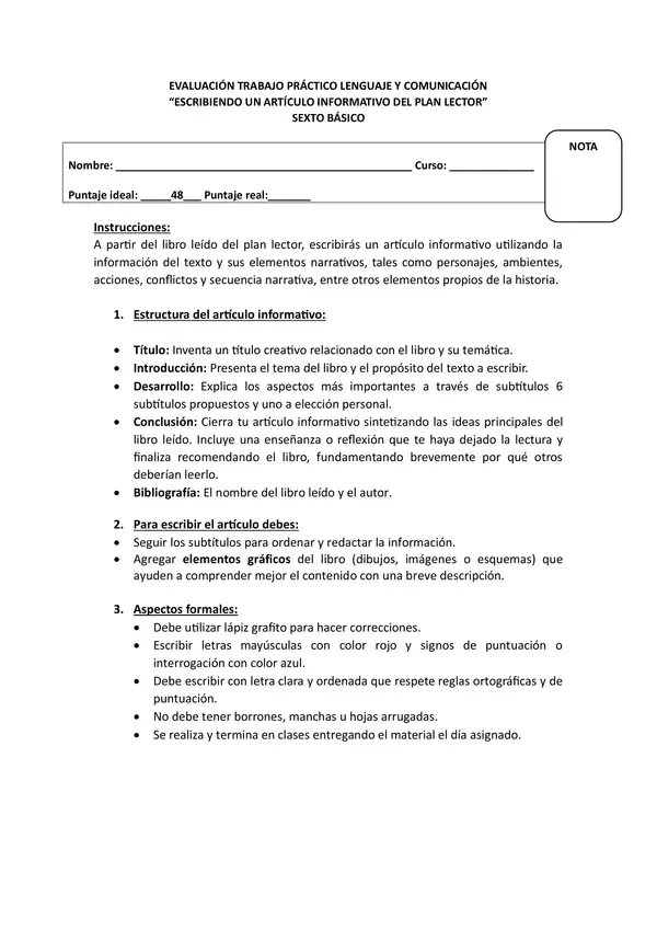 Trabajo práctico "Escribiendo un artículo informativo del plan lector".