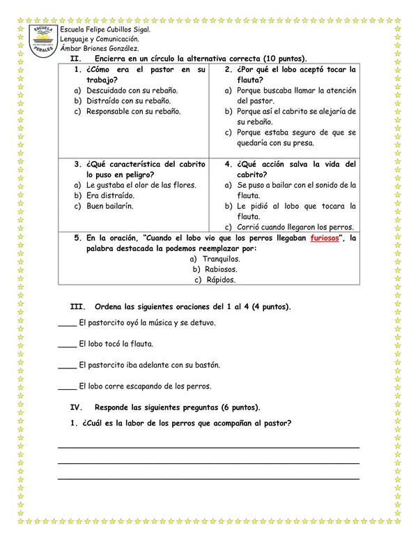 Taller comprensión lectora: "El cabrito, el pastor y el lobo flautista"