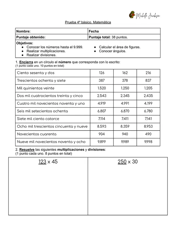 Prueba diagnóstica de Matemática, 4to básico