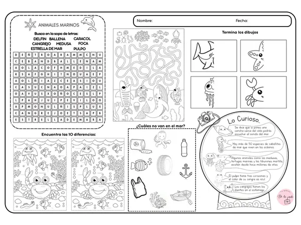 Pack Mes del Mar: 10 Actividades Lúdicas (sopa de letras, diferencias, unir, colorear y más)