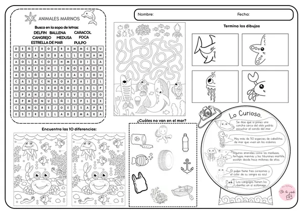 Pack Mes del Mar: 10 Actividades Lúdicas (sopa de letras, diferencias, unir, colorear y más)