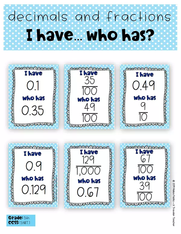 Relate Decimals and Fractions Game I Have Who Has 5.nbt.1