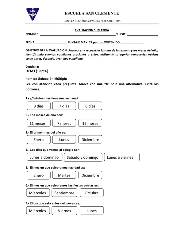 Evaluación días de la semana, meses del año