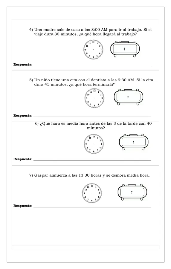 Guía editable Práctica de resolución de problemas  de la unidad del tiempo "La hora" 