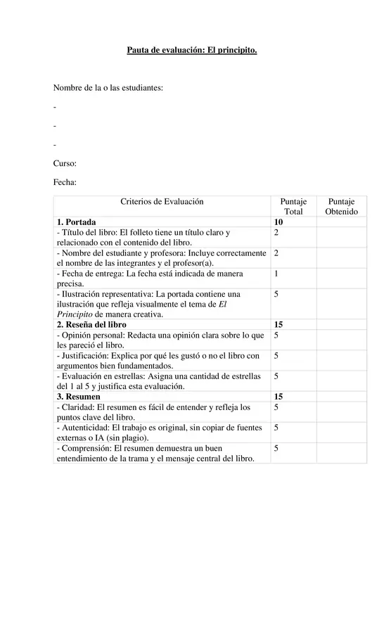 Pauta de evaluación: El principito. 