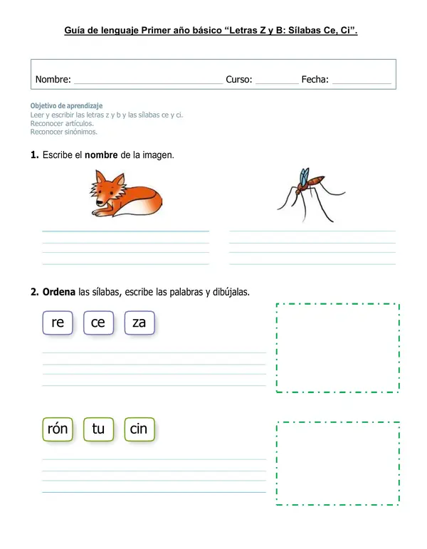 Guía 1°año básico " Sinónimos, letras Z, B, CE, CI"
