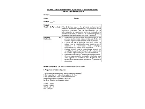 Historia 7° Básico - Prueba Formativa y Solucionario Técnico: Primeras Civilizaciones (OA 03)