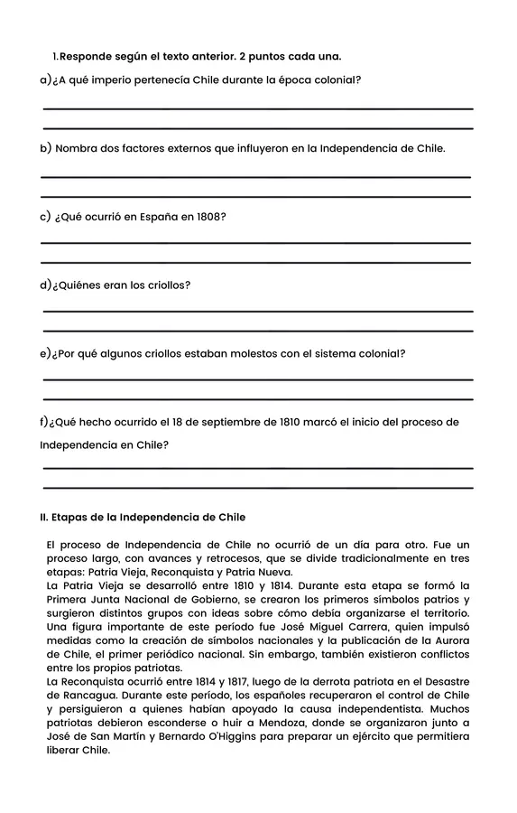 Guía evaluada: Proceso de Independencia y formación de la República de Chile – 6° básico