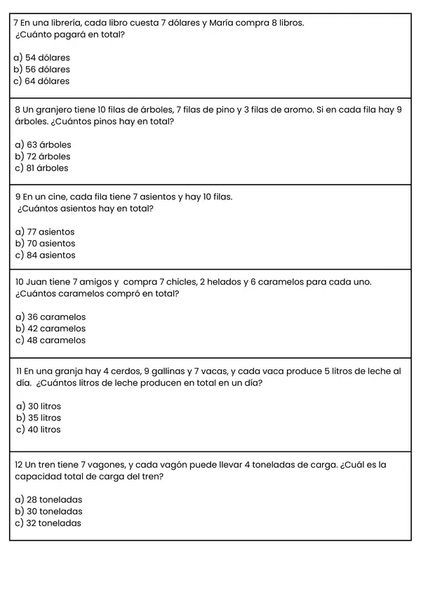 Ficha de Matemática: Problemas de Multiplicación - Tablas del 6, 7, 8 y 9